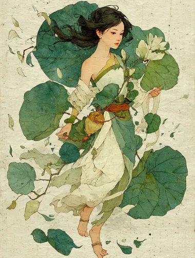 Chinese spring nymph, 11, traditional Chinese gongbi painting style, white hanfu with living vines, (translucent watercolor skin texture:1.4), sumi-e ink blending with soft mineral pigment palette, hair flowing with magnolia petals in (5% opacity ink wash:1.2), hands holding jade pendant glowing with dawn light, (avoid digital rendering:1.3), by Lin Tinggui   --s 750