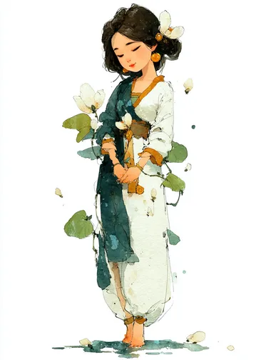 Chinese spring nymph, 11, traditional Chinese gongbi painting style, white hanfu with living vines, (translucent watercolor skin texture:1.4), sumi-e ink blending with soft mineral pigment palette, hair flowing with magnolia petals in (5% opacity ink wash:1.2), hands holding jade pendant glowing with dawn light, (avoid digital rendering:1.3), by Lin Tinggui   --s 750