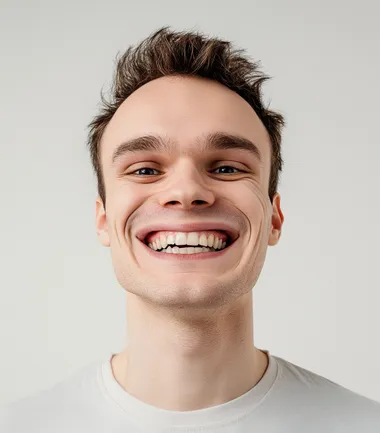 A photo of an attractive, smiling man with his face distorted into the shape of a large, exaggerated smile. The background is white, and he has short hair. He appears to be in good health based on the well-lit appearance. His facial features look normal, but the chin piece that forms part of the big smile makes him appear more handsome than cool or cute. It's like a humorous stock photo of someone having fun by changing their jawline for the portrait. Real person, solid stark white background, summer light.