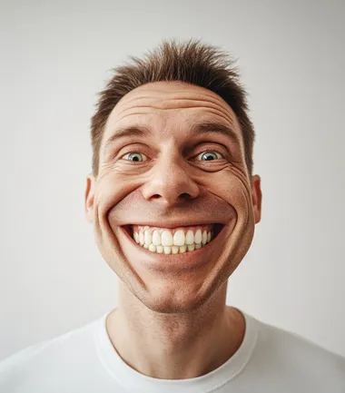 A photo of an attractive, smiling man with his face distorted into the shape of a large, exaggerated smile. The background is white, and he has short hair. He appears to be in good health based on the well-lit appearance. His facial features look normal, but the chin piece that forms part of the big smile makes him appear more handsome than cool or cute. It's like a humorous stock photo of someone having fun by changing their jawline for the portrait. Real person, solid stark white background, summer light.