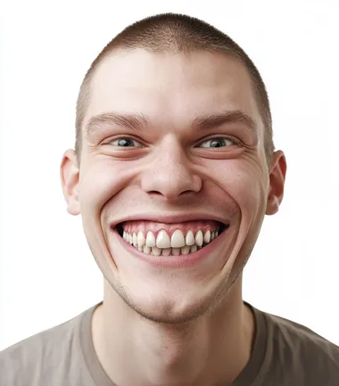 A photo of an attractive, smiling man with his face distorted into the shape of a large, exaggerated smile. The background is white, and he has short hair. He appears to be in good health based on the well-lit appearance. His facial features look normal, but the chin piece that forms part of the big smile makes him appear more handsome than cool or cute. It's like a humorous stock photo of someone having fun by changing their jawline for the portrait. Real person, solid stark white background, summer light.