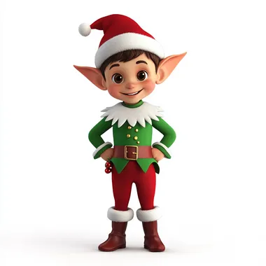 Cute Christmas elf with a white background,smiling at the camera, with white blank space for text in the center, in a 3D cartoon style. Full body shot