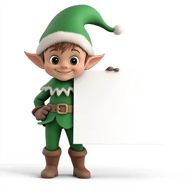 Cute Christmas elf with a white background,smiling at the camera, with white blank space for text in the center, in a 3D cartoon style. Full body shot