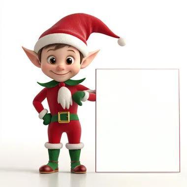Cute Christmas elf with a white background,smiling at the camera, with white blank space for text in the center, in a 3D cartoon style. Full body shot