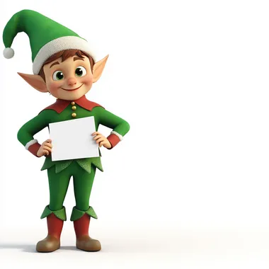 Cute Christmas elf with a white background,smiling at the camera, with white blank space for text in the center, in a 3D cartoon style. Full body shot