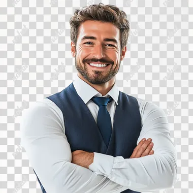 professional photo of a casual happy man in a white shirt, blue vest and a tie, normal build, average physique, relaxed posture, crossed arms, white background, no excessive muscles, typical everyday man