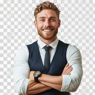 professional photo of a casual happy man in a white shirt, blue vest and a tie, normal build, average physique, relaxed posture, crossed arms, white background, no excessive muscles, typical everyday man