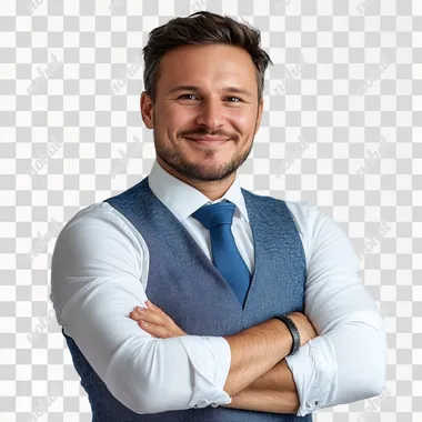 professional photo of a casual happy man in a white shirt, blue vest and a tie, normal build, average physique, relaxed posture, crossed arms, white background, no excessive muscles, typical everyday man