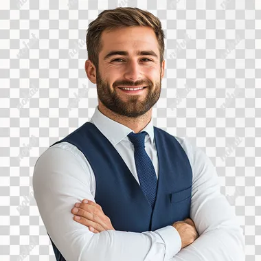 professional photo of a casual happy man in a white shirt, blue vest and a tie, normal build, average physique, relaxed posture, crossed arms, white background, no excessive muscles, typical everyday man