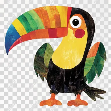Create a full-body illustration of a toucan in the style of Eric Carle. The toucan should feature vibrant shades of black, yellow, and orange, with a striking multicolored beak that includes shades of green, red, and blue. The textures should resemble a hand-painted collage, incorporating bold, irregular shapes. The toucan should have a playful and inquisitive expression to capture a child's attention, with its large beak, glossy feathers, and distinctive markings prominently displayed. The design should retain the playful, artistic essence typical of Eric Carle's work. Place the toucan against a clean white background to make it stand out clearly.
