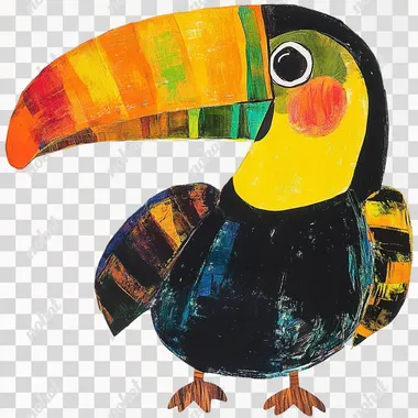 Create a full-body illustration of a toucan in the style of Eric Carle. The toucan should feature vibrant shades of black, yellow, and orange, with a striking multicolored beak that includes shades of green, red, and blue. The textures should resemble a hand-painted collage, incorporating bold, irregular shapes. The toucan should have a playful and inquisitive expression to capture a child's attention, with its large beak, glossy feathers, and distinctive markings prominently displayed. The design should retain the playful, artistic essence typical of Eric Carle's work. Place the toucan against a clean white background to make it stand out clearly.