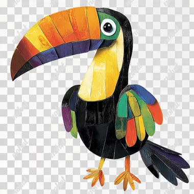 Create a full-body illustration of a toucan in the style of Eric Carle. The toucan should feature vibrant shades of black, yellow, and orange, with a striking multicolored beak that includes shades of green, red, and blue. The textures should resemble a hand-painted collage, incorporating bold, irregular shapes. The toucan should have a playful and inquisitive expression to capture a child's attention, with its large beak, glossy feathers, and distinctive markings prominently displayed. The design should retain the playful, artistic essence typical of Eric Carle's work. Place the toucan against a clean white background to make it stand out clearly.