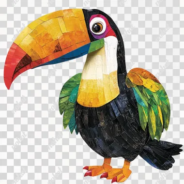 Create a full-body illustration of a toucan in the style of Eric Carle. The toucan should feature vibrant shades of black, yellow, and orange, with a striking multicolored beak that includes shades of green, red, and blue. The textures should resemble a hand-painted collage, incorporating bold, irregular shapes. The toucan should have a playful and inquisitive expression to capture a child's attention, with its large beak, glossy feathers, and distinctive markings prominently displayed. The design should retain the playful, artistic essence typical of Eric Carle's work. Place the toucan against a clean white background to make it stand out clearly.