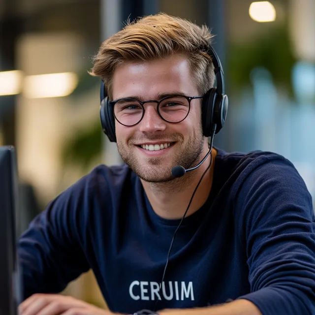 Happy Dutch man in navy attire with headset at home office desk