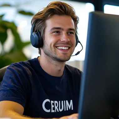 An ultra-realistic photograph captured with a Canon EOS 2000D, equipped with an 85mm lens at F 1.2 aperture setting, portraying an average-looking Dutch 30-year-old happy-looking man wearing a navy blue office attire with a navy blue t-shirt underneath that has CERUIM printed in bold white letters. He is wearing a call headset while looking motivated at his desktop screen, sitting at his desk while calling a client. The background is ever so slightly blurred. The image, shot in high resolution and a 9:16 aspect ratio, captures the subjects motivational and kind nature. ar 16:9 style raw