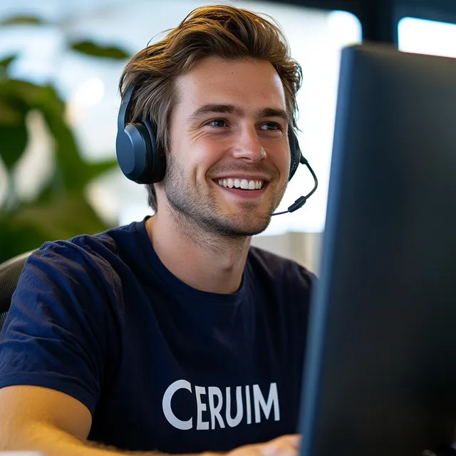 Smiling Dutch man in office attire with headphones at computer desk
