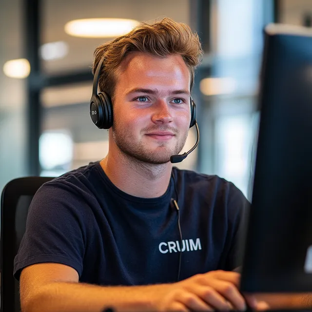 Dutch man in navy attire on a call at desk with headphones