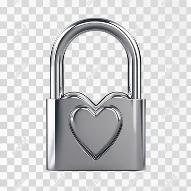 a silver metal padlock, with a heart shaped shackle, photo realistic, isolated on white background.