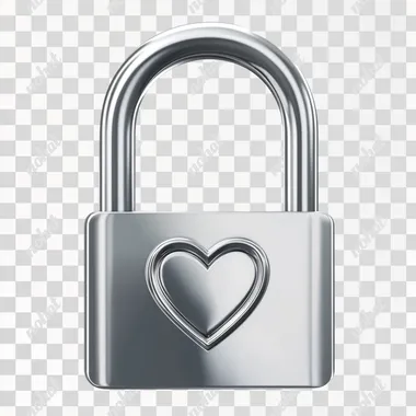 a silver metal padlock, with a heart shaped shackle, photo realistic, isolated on white background.