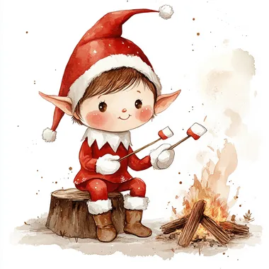 watercolor clipart of a cute boy elf on the shelf with brown hair, brown eyes and rosy cheeks. The elf is wearing a vintage-style red outfit, wearing white mittens and brown boots. The elf is roasting a stick with marshmallows on a bonfire, clean lines on a white background