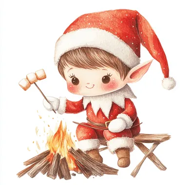 watercolor clipart of a cute boy elf on the shelf with brown hair, brown eyes and rosy cheeks. The elf is wearing a vintage-style red outfit, wearing white mittens and brown boots. The elf is roasting a stick with marshmallows on a bonfire, clean lines on a white background