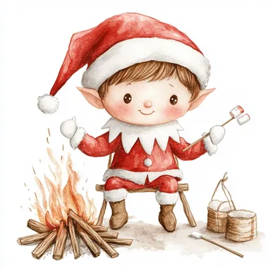 watercolor clipart of a cute boy elf on the shelf with brown hair, brown eyes and rosy cheeks. The elf is wearing a vintage-style red outfit, wearing white mittens and brown boots. The elf is roasting a stick with marshmallows on a bonfire, clean lines on a white background