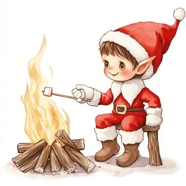watercolor clipart of a cute boy elf on the shelf with brown hair, brown eyes and rosy cheeks. The elf is wearing a vintage-style red outfit, wearing white mittens and brown boots. The elf is roasting a stick with marshmallows on a bonfire, clean lines on a white background