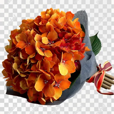 orange hydrangeas, in DreamWorks style, wrapped in an luxurious bouquet, coloured ribbon, beautiful colours, on a clean white background. High definition. cinematic, good contrast  --s 300