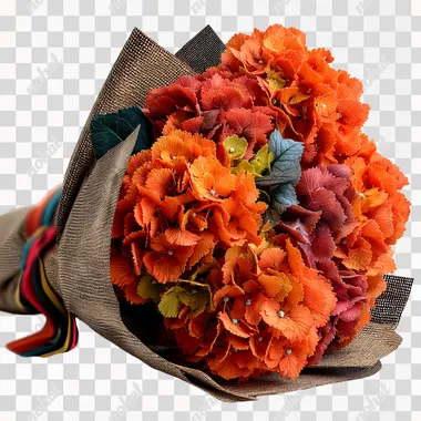 orange hydrangeas, in DreamWorks style, wrapped in an luxurious bouquet, coloured ribbon, beautiful colours, on a clean white background. High definition. cinematic, good contrast  --s 300