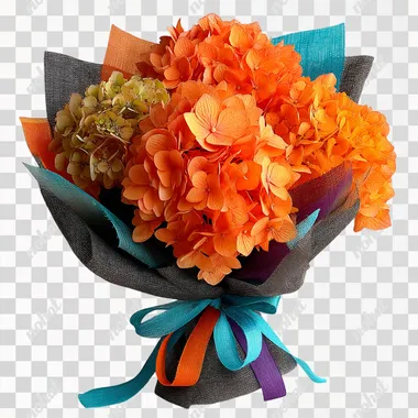 orange hydrangeas, in DreamWorks style, wrapped in an luxurious bouquet, coloured ribbon, beautiful colours, on a clean white background. High definition. cinematic, good contrast  --s 300