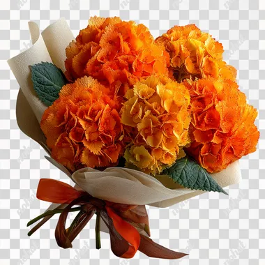 orange hydrangeas, in DreamWorks style, wrapped in an luxurious bouquet, coloured ribbon, beautiful colours, on a clean white background. High definition. cinematic, good contrast  --s 300