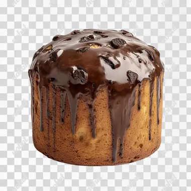 front view of A professional photograph of of delicious chocolate panettone taken in the style of food photography, featuring an elegant composition and soft lighting. The focus is on the delicious looking golden-brown top bun with visible liquid coffee dripping down its sides. plain white background