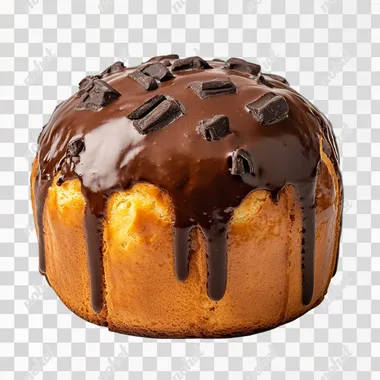 front view of A professional photograph of of delicious chocolate panettone taken in the style of food photography, featuring an elegant composition and soft lighting. The focus is on the delicious looking golden-brown top bun with visible liquid coffee dripping down its sides. plain white background