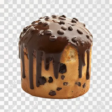 front view of A professional photograph of of delicious chocolate panettone taken in the style of food photography, featuring an elegant composition and soft lighting. The focus is on the delicious looking golden-brown top bun with visible liquid coffee dripping down its sides. plain white background