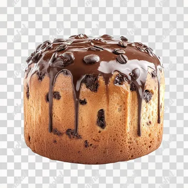 front view of A professional photograph of of delicious chocolate panettone taken in the style of food photography, featuring an elegant composition and soft lighting. The focus is on the delicious looking golden-brown top bun with visible liquid coffee dripping down its sides. plain white background