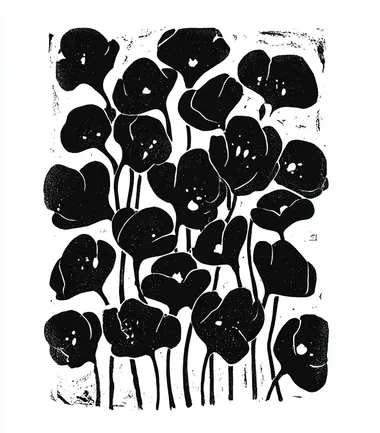 a linocut style black flowers with a solid white background  --s 50