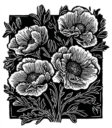 a linocut style black flowers with a solid white background  --s 50