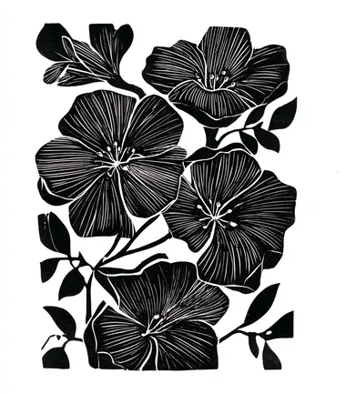 a linocut style black flowers with a solid white background  --s 50