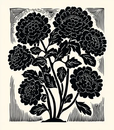 a linocut style black flowers with a solid white background  --s 50