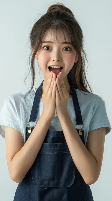 a young cute japanese woman 25s, wearing light soft blue T-shirt, wearing navy blue apron, tied hair like ponytail, wow posture, happy face, smile, surprise, put both hands beside the mouth, wearing soft blue jeans, realistic, white background, sharp tack, Canon EOS R camera with a 50mm f/2.8 lens. f11 aperture, Hyper Realistic photography   --s 250