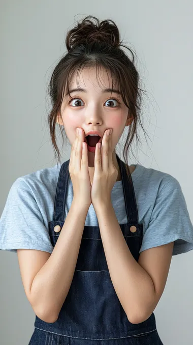 a young cute japanese woman 25s, wearing light soft blue T-shirt, wearing navy blue apron, tied hair like ponytail, wow posture, happy face, smile, surprise, put both hands beside the mouth, wearing soft blue jeans, realistic, white background, sharp tack, Canon EOS R camera with a 50mm f/2.8 lens. f11 aperture, Hyper Realistic photography   --s 250