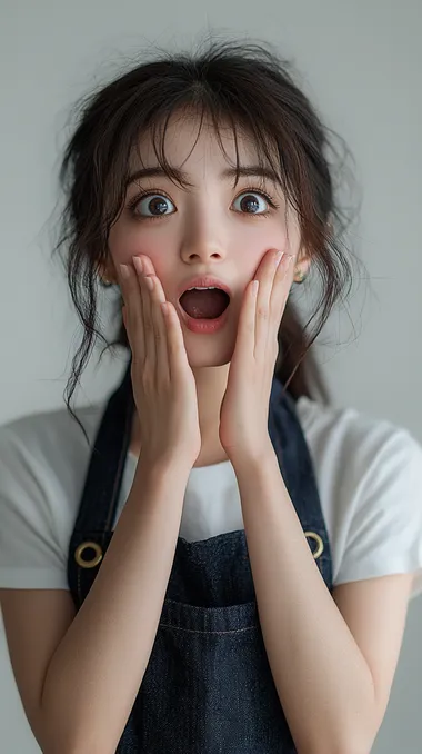 a young cute japanese woman 25s, wearing light soft blue T-shirt, wearing navy blue apron, tied hair like ponytail, wow posture, happy face, smile, surprise, put both hands beside the mouth, wearing soft blue jeans, realistic, white background, sharp tack, Canon EOS R camera with a 50mm f/2.8 lens. f11 aperture, Hyper Realistic photography   --s 250