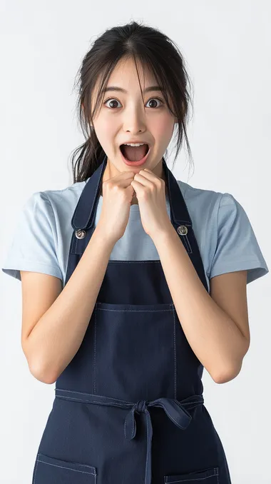 a young cute japanese woman 25s, wearing light soft blue T-shirt, wearing navy blue apron, tied hair like ponytail, wow posture, happy face, smile, surprise, put both hands beside the mouth, wearing soft blue jeans, realistic, white background, sharp tack, Canon EOS R camera with a 50mm f/2.8 lens. f11 aperture, Hyper Realistic photography   --s 250