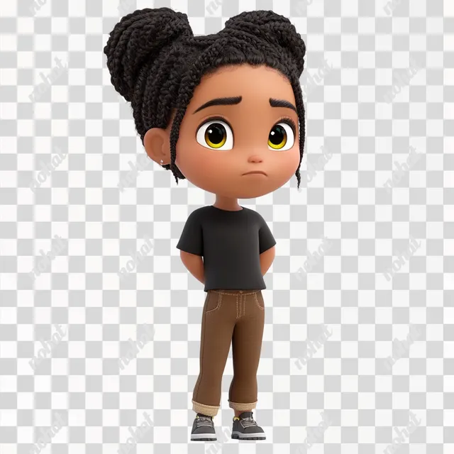 PNG Cute 7-Year-Old African American Girl in Black Shirt and Brown Jeans