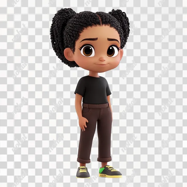 PNG Cute 7-Year-Old African American Girl in Black Shirt and Brown Jeans