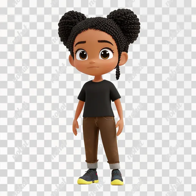 PNG Cute 7-Year-Old African American Girl in Black Shirt and Brown Jeans