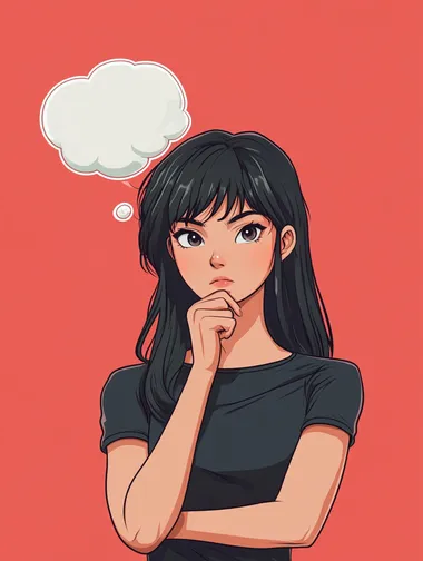 an anime character with a thought bubble above her, anime flat comic style, on solid color background