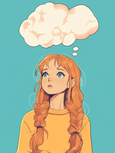 an anime character with a thought bubble above her, anime flat comic style, on solid color background