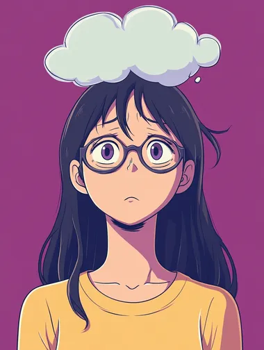 an anime character with a thought bubble above her, anime flat comic style, on solid color background