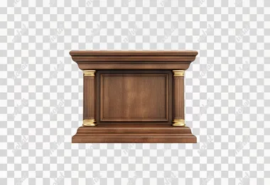 lecturn, warm wood, with gold accents, plain white background, suitable for a game show, photorealistic,